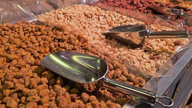 Close-up of roasted cashews in a bulk nut display, with shiny metal scoop, clear plastic dividers, salted texture, warm market lighting, and gourmet snack shop retail atmosphere.