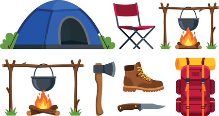 Camping gear vector element set with cartoon tent backpack campfire and hiking boots clipart for kids © mdtaleb