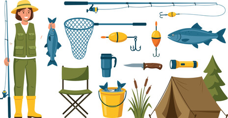 Fisherwoman character and fishing gear vector element set with cartoon tent bucket and rod clipart for kids © mdtaleb
