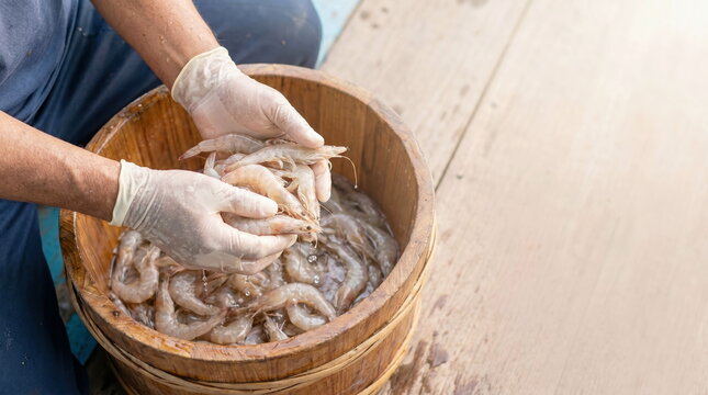 Shrimp processing with gloved hands sorting fresh catch in wooden bucket on light surface, seafood industry.