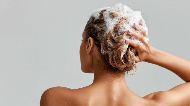 Back view of a woman washing her hair with soapy shampoo foam, clean female showering and lathering hair, haircare or head spa concept.