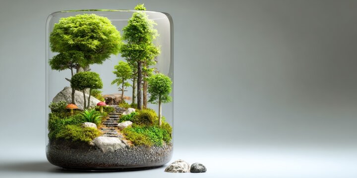 Miniature landscape scene inside a glass container showcasing nature elements detailed rendering