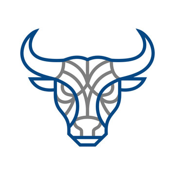 Geometric blue line art bull head mascot logo.