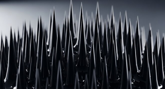 Abstract black spiky liquid surface creating sharp conical shapes from magnetic reaction.