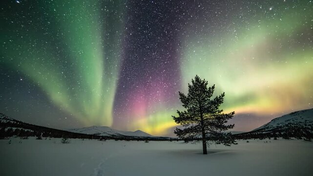 Vibrant Aurora Borealis Dancing Over Snowy Arctic Landscape with Lone Pine Tree and Starry Night Sky