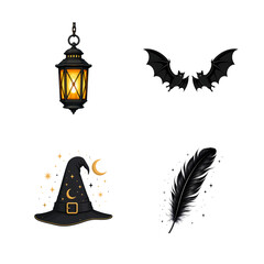 Fototapeta premium Halloween elements collection lantern bats witch hat and feather isolated on transparent background
