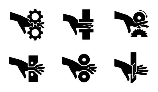 Industrial Safety Icons, Hand Hazard Warnings, Machine Danger Symbols, Vector Set