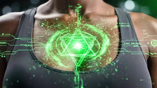 A person's torso with a green glowing geometric design on their chest
