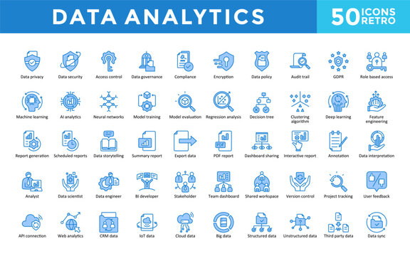 Data Analytics icons set with data privacy, data security, access control, data governance, compliance, encryption, data policy, audit trail, gdpr, role based access icon. Simple retro vector 