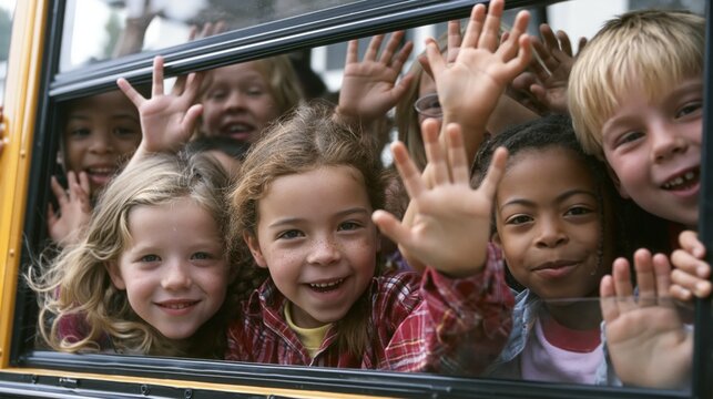 Happy children wave their hands through the open window of a yellow school bus in the morning.