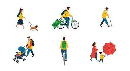 Fototapeta premium Set of Flat Vector Illustrations of People Walking, Cycling, and Commuting in the City Environment