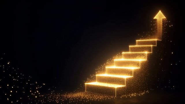 Glowing golden stairs with upward arrow made of sparkling particles
