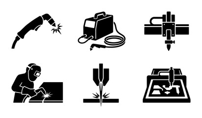 Fototapeta premium Welding and Cutting Tools Icons: Plasma Cutter, Welder, CNC Machine, Industrial Equipment