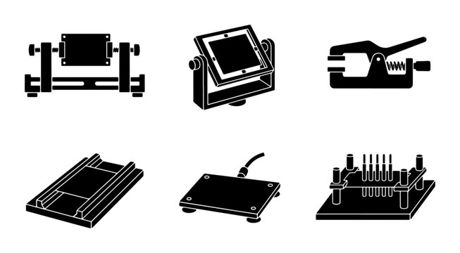 Electronics Repair Tools Set, Circuit Board Fixtures, Soldering Equipment Icons, Vector Graphics