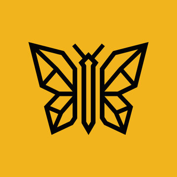 Geometric butterfly line art logo on yellow background.
