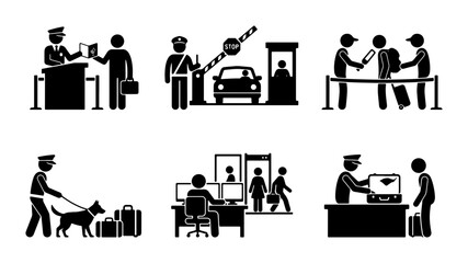 Fototapeta premium Border Control Icons: Security Checkpoints, Customs Officers, Passport Control, Dog Patrol
