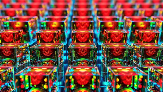 Vibrant cubes fill frame. Red glow dominates, accented by blue, green hues. Pattern repeats, creating infinite depth. Digital art.