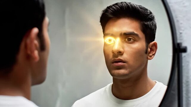 A man in a white shirt looks at his reflection in a mirror with a glowing eye