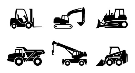 Heavy Construction Equipment Icons Set, Industrial Machinery Vector Graphics, Building Site Vehicles Collection © Toushif