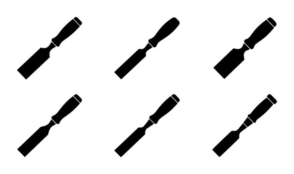 Woodworking Chisels Set, Carpentry Tools Collection, Hand Tools Icons, Black and White Vector Graphics