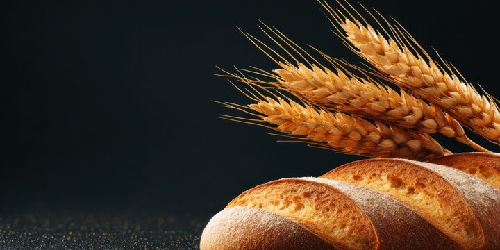 Fresh baked bread with golden wheat stalks against a dark background food concept