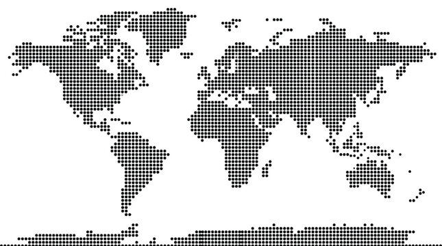 Minimalist black dotted world map vector illustration featuring precise circular shapes on a clean white surface