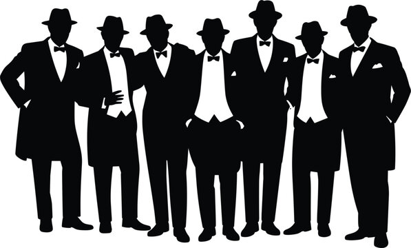 Gentlemen in tuxedo suits and fedora hats silhouette vector, classic vintage group standing together