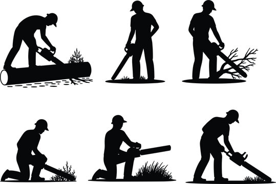 Lumberjack cutting trees with chainsaw silhouette set, arborist workers in hard hats on white background