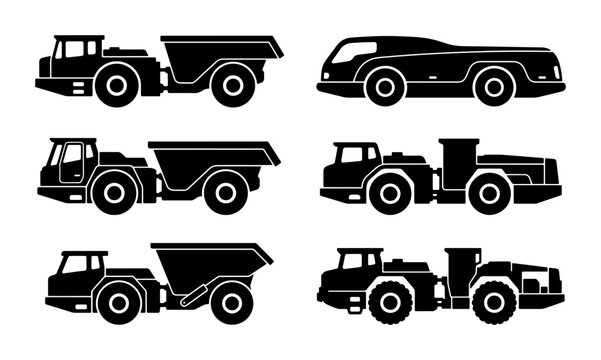 Heavy Construction Vehicle Icons, Mining Trucks, Dumpers, Industrial Machinery Silhouettes