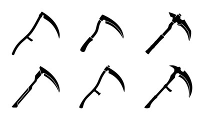 Collection of Scythe and Axe Icons, Grim Reaper Tools, Medieval Weapon Silhouettes