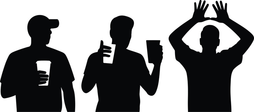 Men holding drink cups silhouette set, guys drinking coffee and raising hands on white background