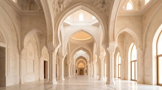 Islamic architecture, arched hallway, beige interior, mosque design, empty corridor