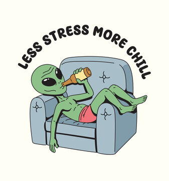 alien drinking beer on the couch illustration