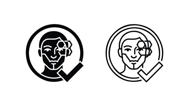 Facial recognition biometric icon set, human face scan with checkmark symbol, digital identity verification and security technology vector