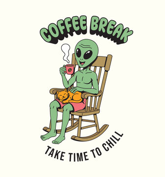 alien drinking coffee while stroking a cat illustration