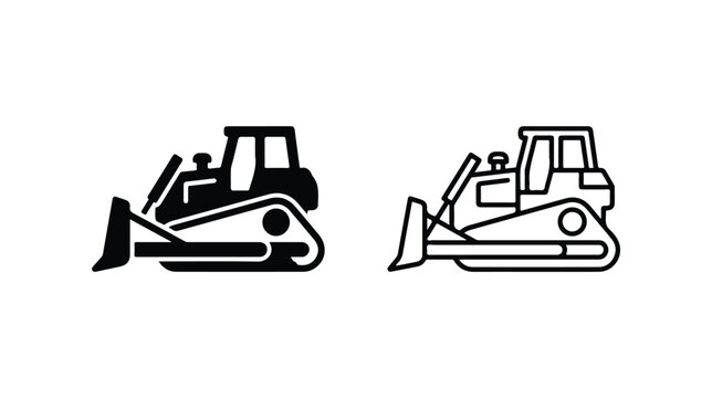 Bulldozer icon set in flat and line art styles, heavy construction machinery vector, industrial earthmover equipment for building site projects