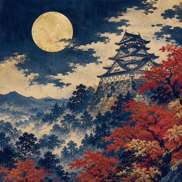 夜の満月と日本のお城。生成AIによる画像