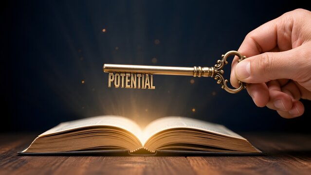 Unlocking human potential and personal growth concept featuring hand holding golden key above glowing open educational book