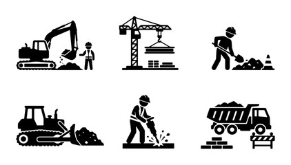 Construction Icons: Excavator, Crane, Loader, Jackhammer, Dump Truck, Worker Set © Aditya
