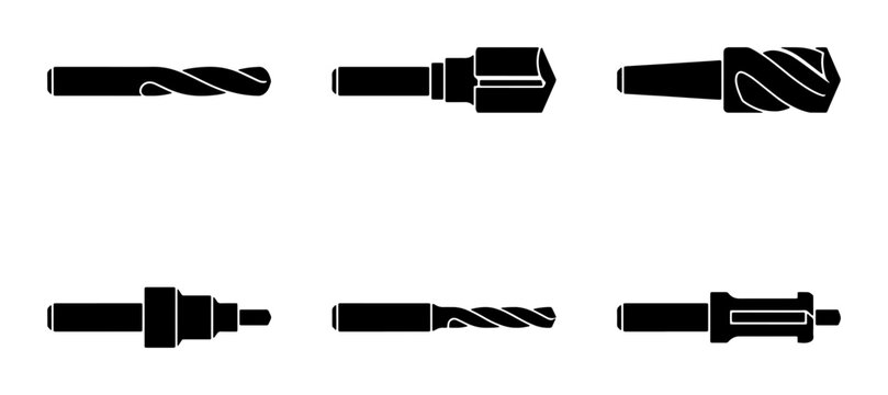 Drill Bits Set, Metalworking Tools, Industrial Hardware Icons, Engineering Equipment Vector