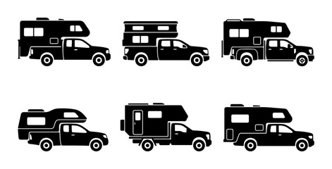 Obraz premium Pickup Truck Camper Icons, RV Travel Vehicle Silhouettes, Camping Van Set
