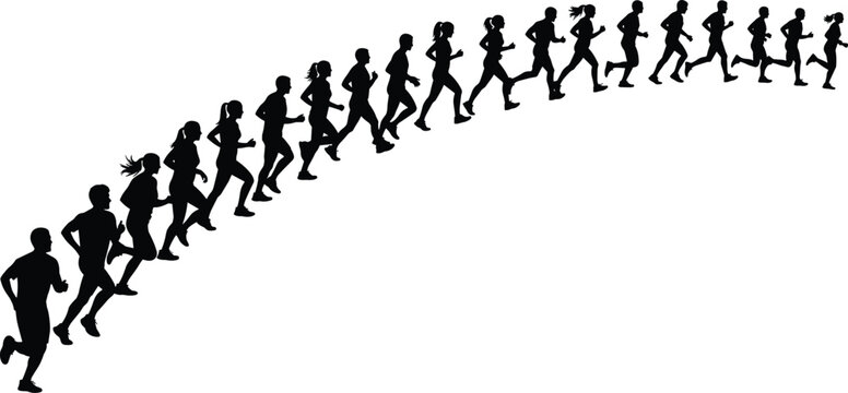 Silhouettes of diverse runners in curved layout showing varied posture, stride, and hairstyle in dynamic motion sequence