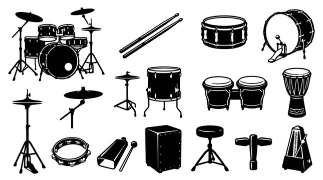 Black  White Glyphs of Music Drums, Percussion Instruments, and Drum Kit Icon Set