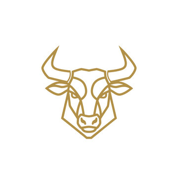 Geometric gold line art bull head mascot logo.