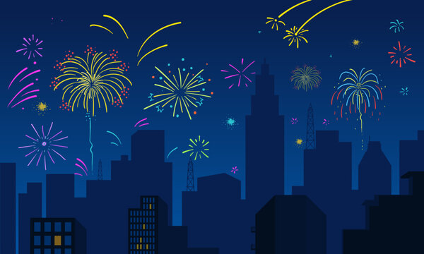 City fire work vector colorful scene illustration.