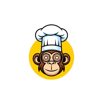Cartoon monkey chef with a hat, smiling, inside a yellow circle