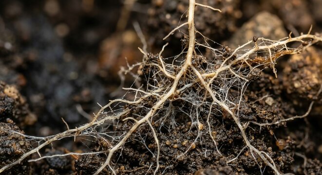 Macro shot of white mycorrhizal fungi mycelium network growing on plant roots in organic soil