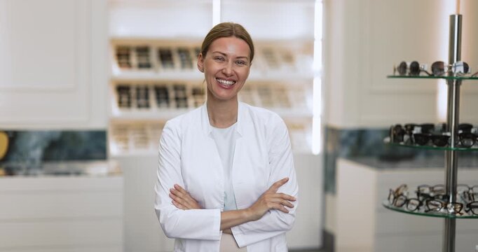 Young adult woman in white coat optical store consultant or vision care specialist posing for workplace portrait looking at camera with smile representing brand service quality professional confidence