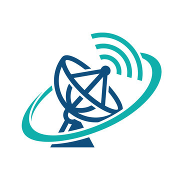 Satellite communication logo. Orbital network symbol Modern satellite communication emblem for global connectivity
