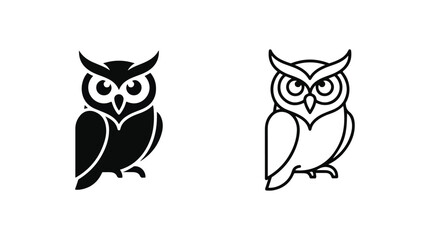 Fototapeta premium Minimalist owl logo set, black and white bird vector icons, wise owl mascot silhouettes for branding and education design